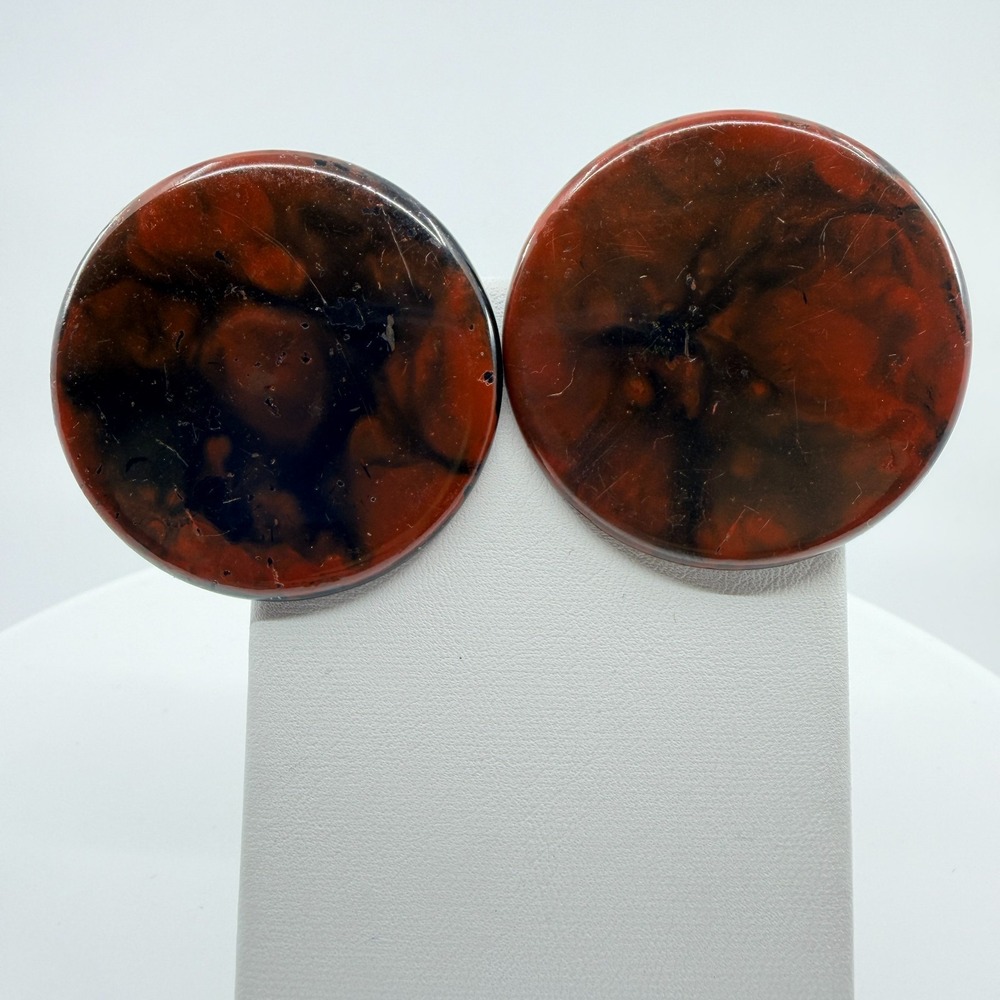 Vintage Faux Mahogany Obsidian Brown Red Swirl Round Resin Clip On Earrings